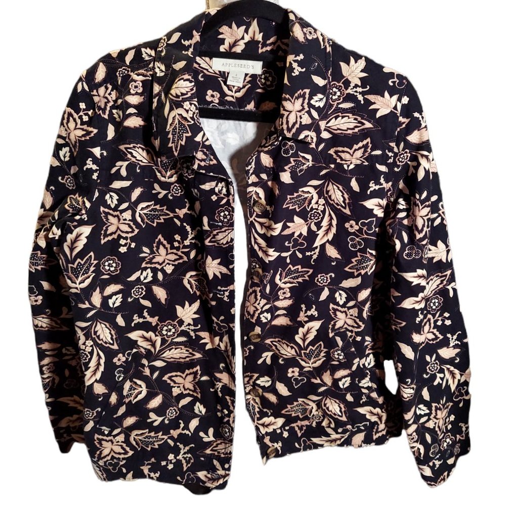 Appleseed's Floral/Leaf Pattern Black/Tan Collared Jacket Women's Size L